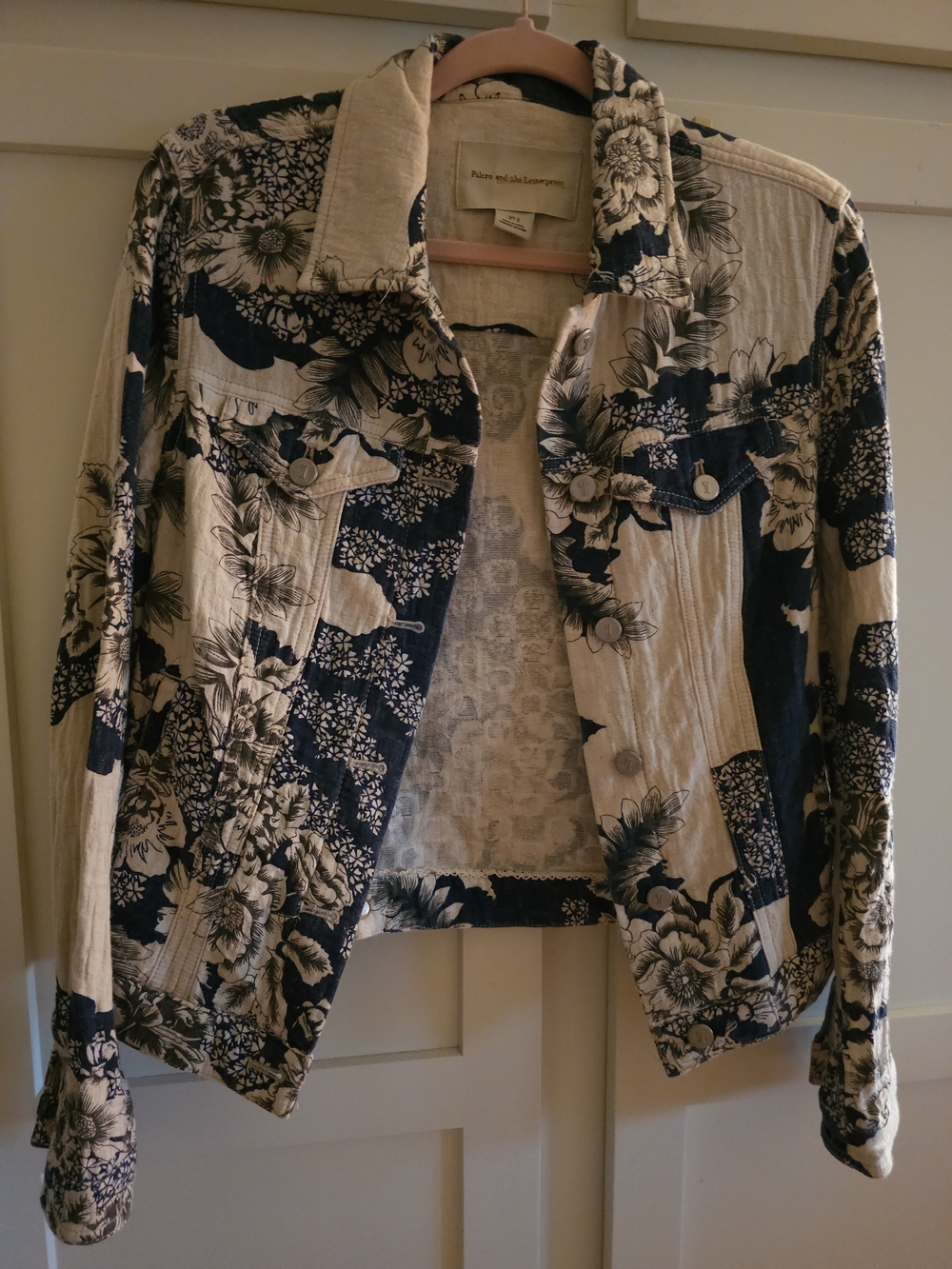 Linen Blend Floral Jacket - Navy and Cream